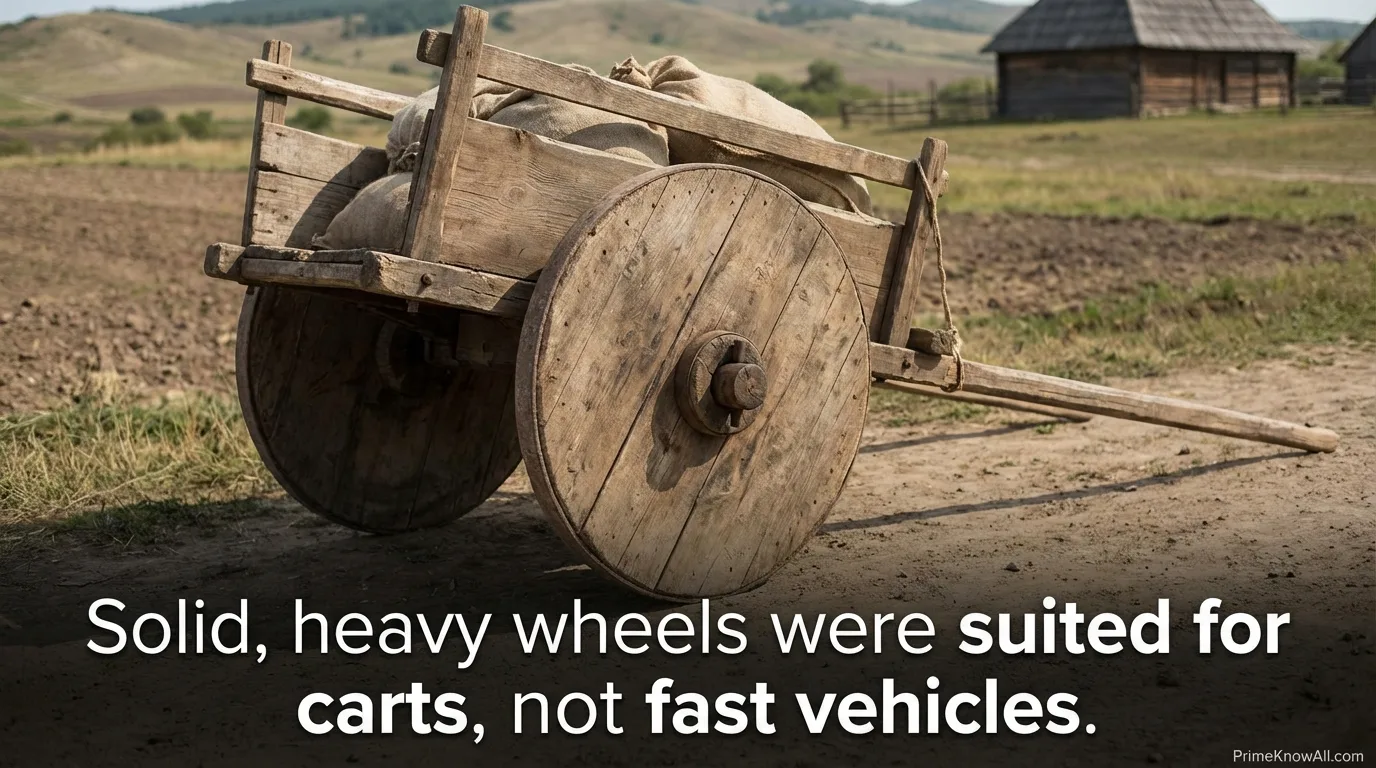 Heavy wooden wheels attached to a cart on a grassy field.