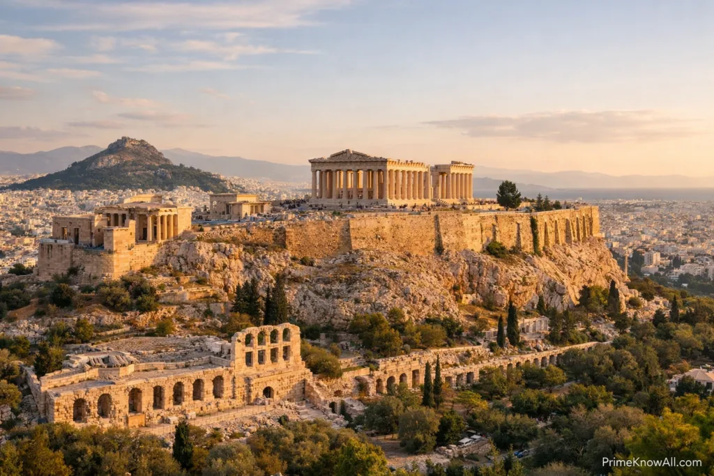 View of the ancient Acropolis of Athens showing the Parthenon atop the rocky hill with surrounding ruins at sunset.