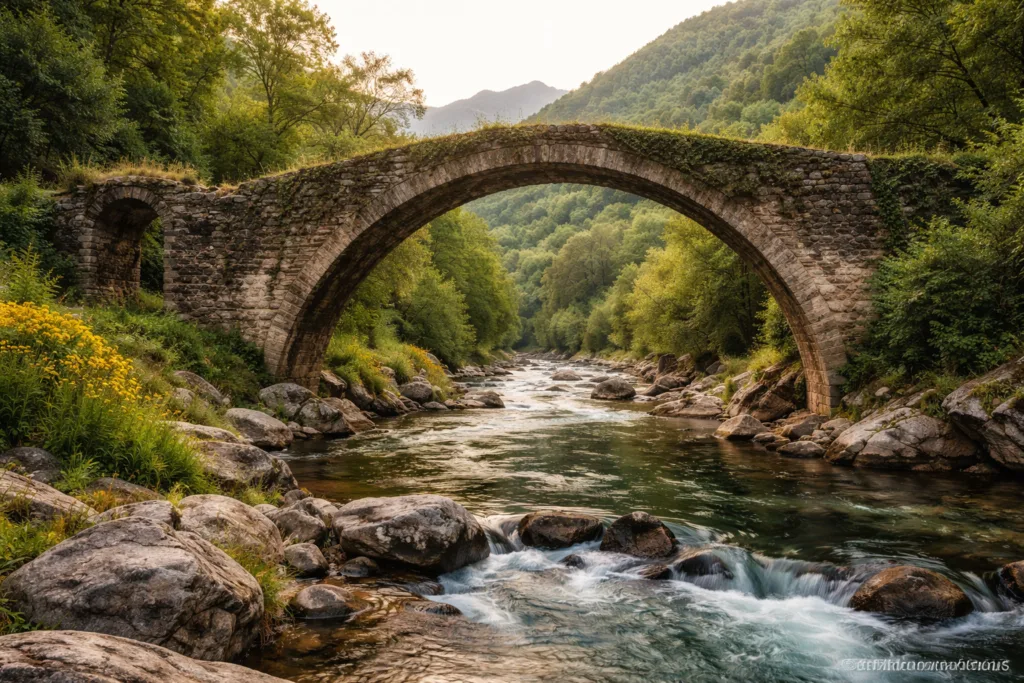 Ancient stone bridge arching over a flowing river surrounded by green trees and hills.