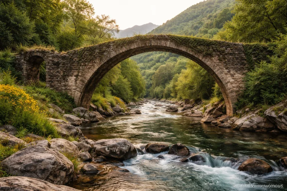 Ancient stone bridge arching over a flowing river surrounded by green trees and hills.