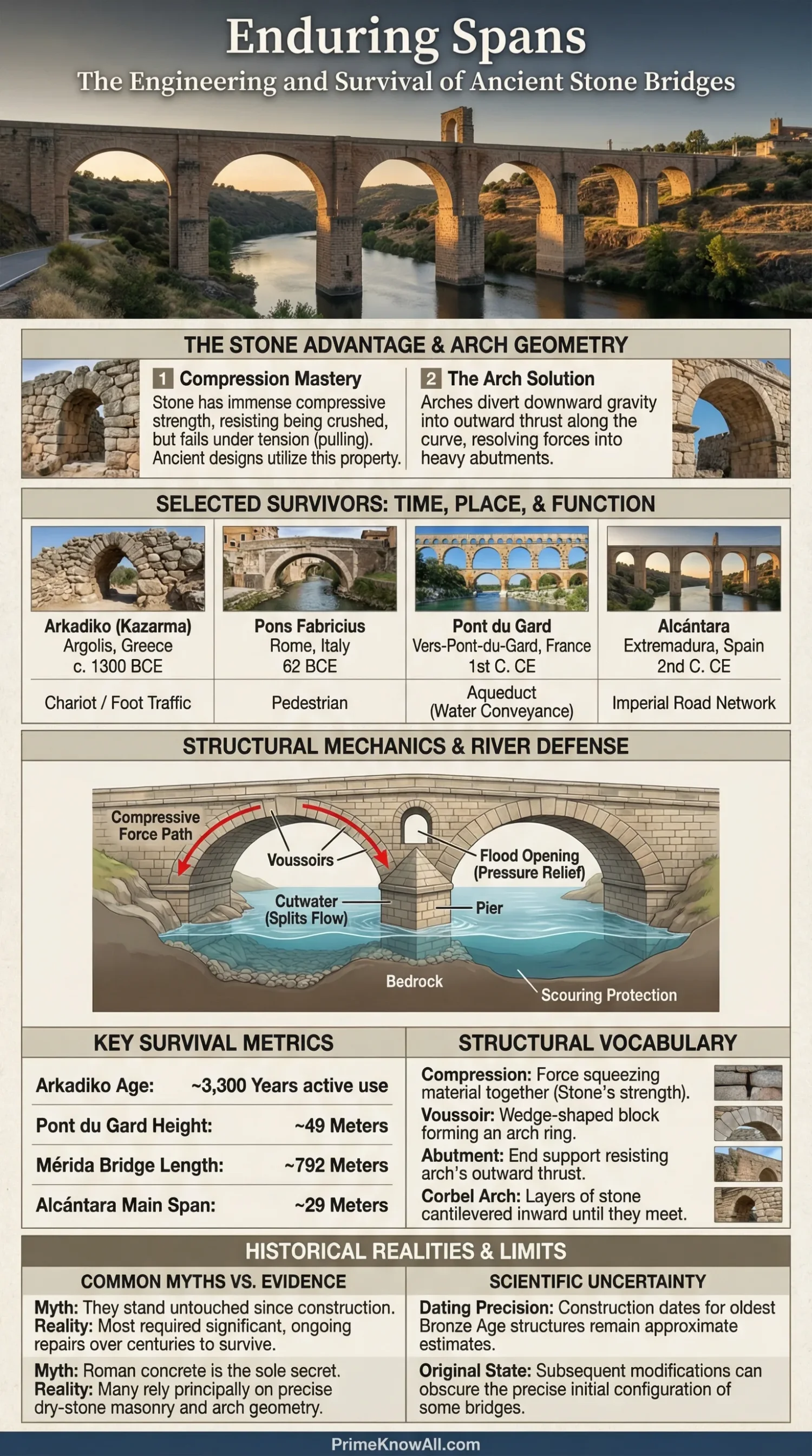 Ancient stone bridge with arches spanning over a river, surrounded by trees and clear blue sky.
