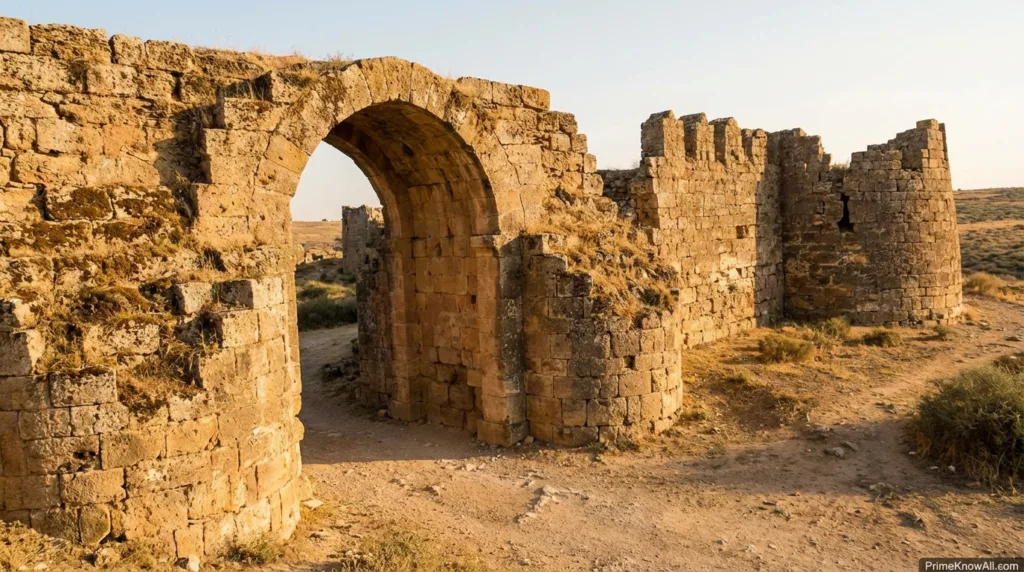 Ancient stone city gate framed by crumbling walls under a clear sky.