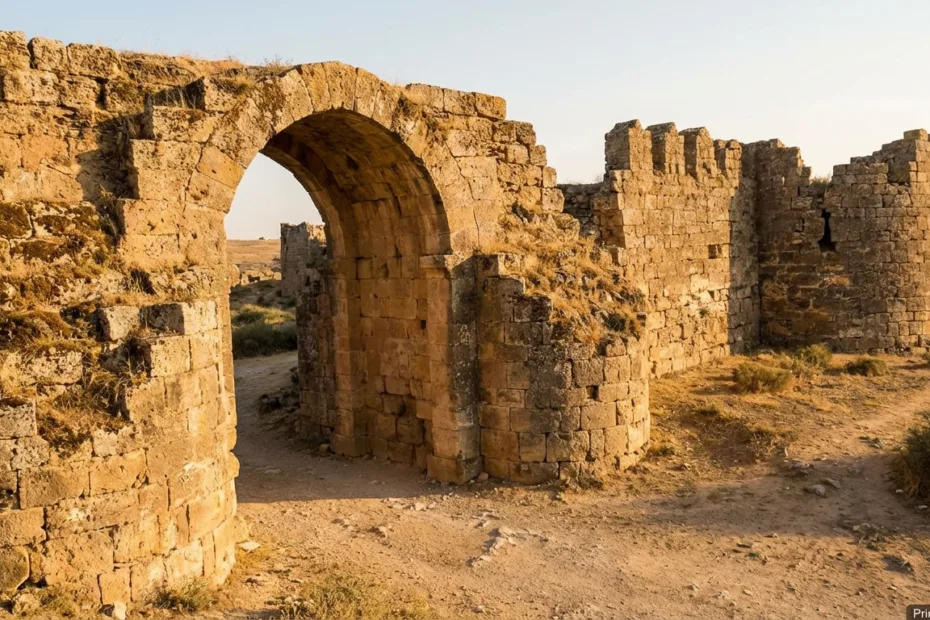 Ancient stone city gate framed by crumbling walls under a clear sky.