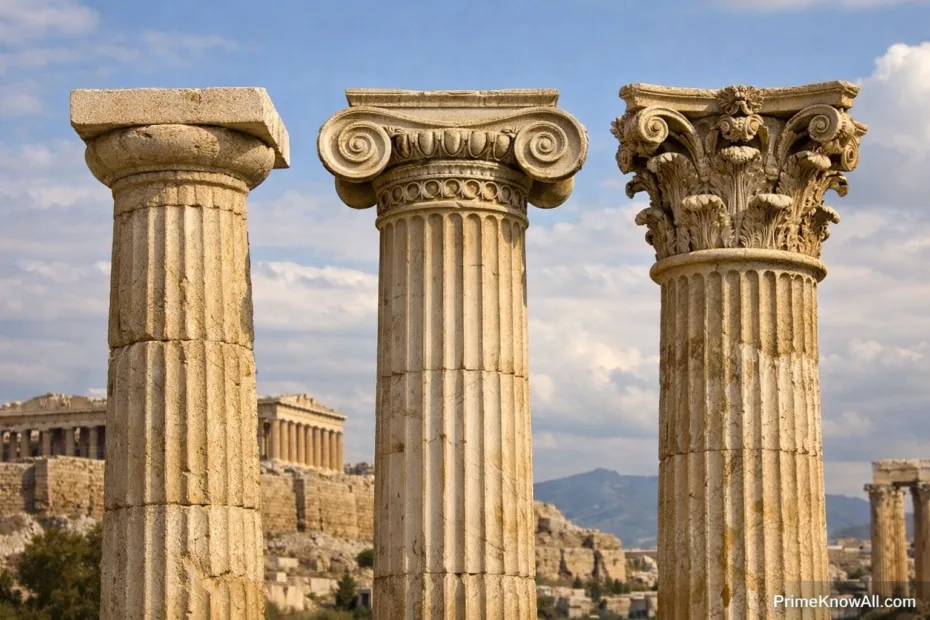 Ancient Greek temple columns with fluted shafts and ornate capitals stand tall against a clear sky.