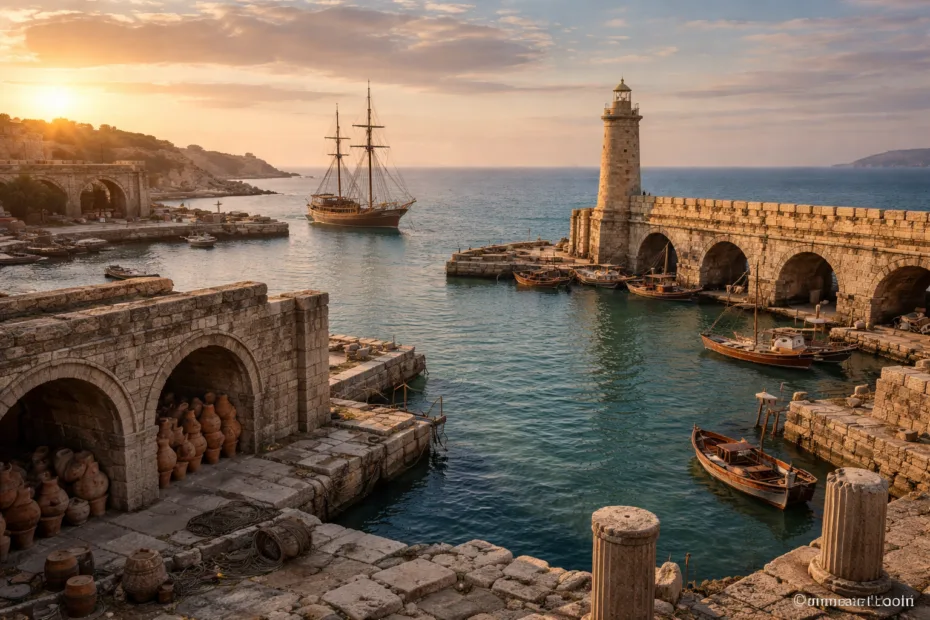 Ancient harbor with stone walls, a lighthouse, and a sailing ship in the background at sunset.