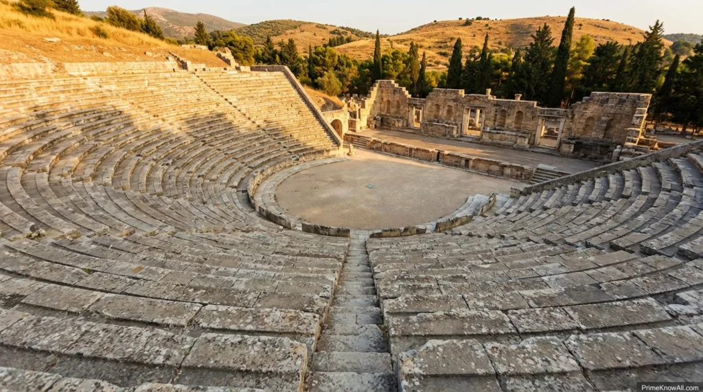 Ancient theater with stone seating and a central stage in an outdoor setting surrounded by trees and hills.