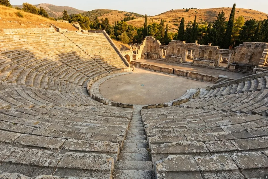 Ancient theater with stone seating and a central stage in an outdoor setting surrounded by trees and hills.