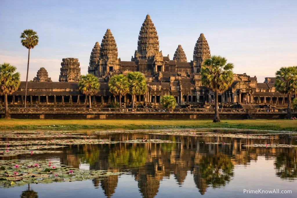 Angkor Wat temple features tall stone towers reflected in a calm water pond at sunrise.