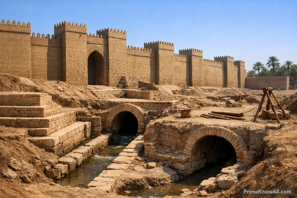 Babylonian city walls with large clay bricks and towered battlements stretch across the image.