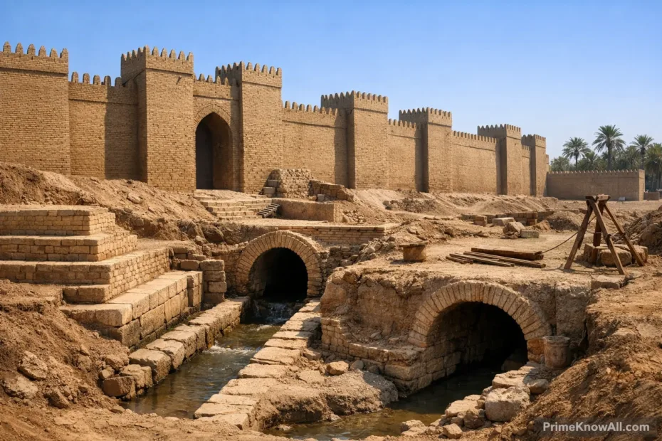 Babylonian city walls with large clay bricks and towered battlements stretch across the image.