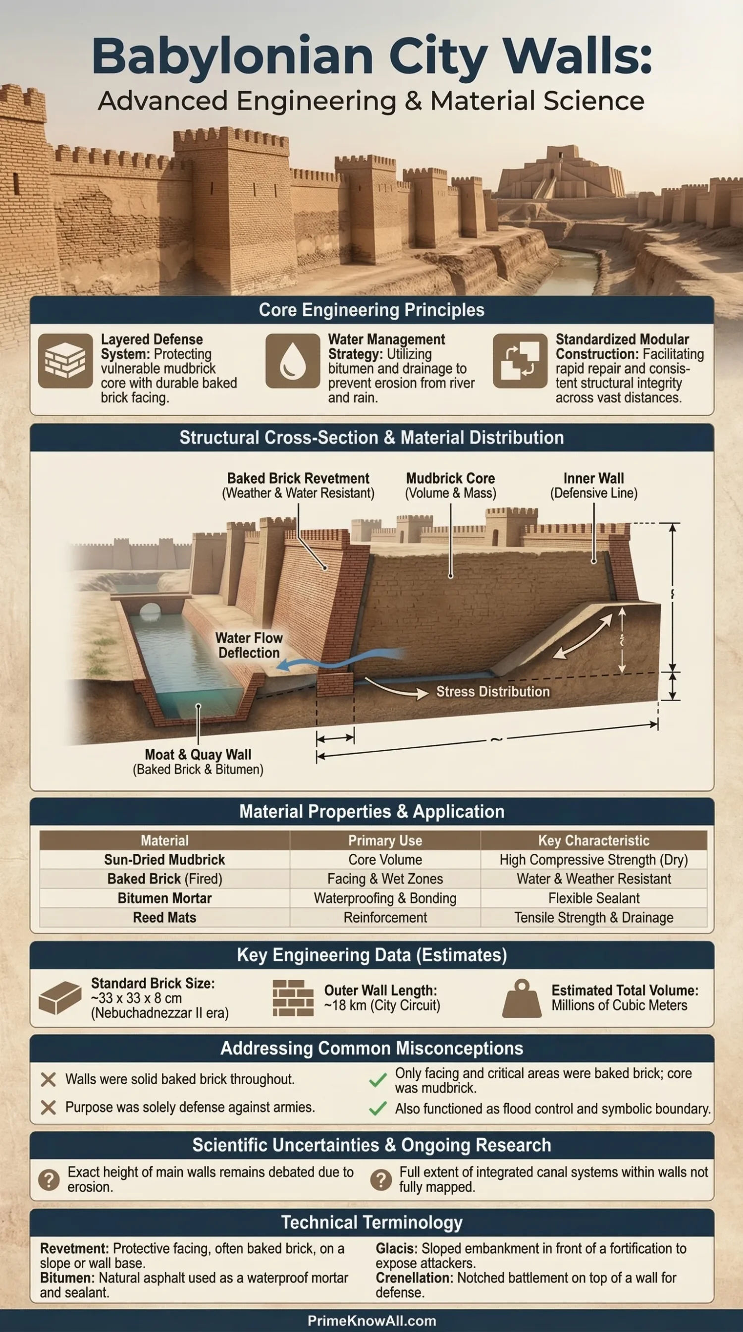 Babylonian city walls with large mud bricks and an angled defensive wall design.