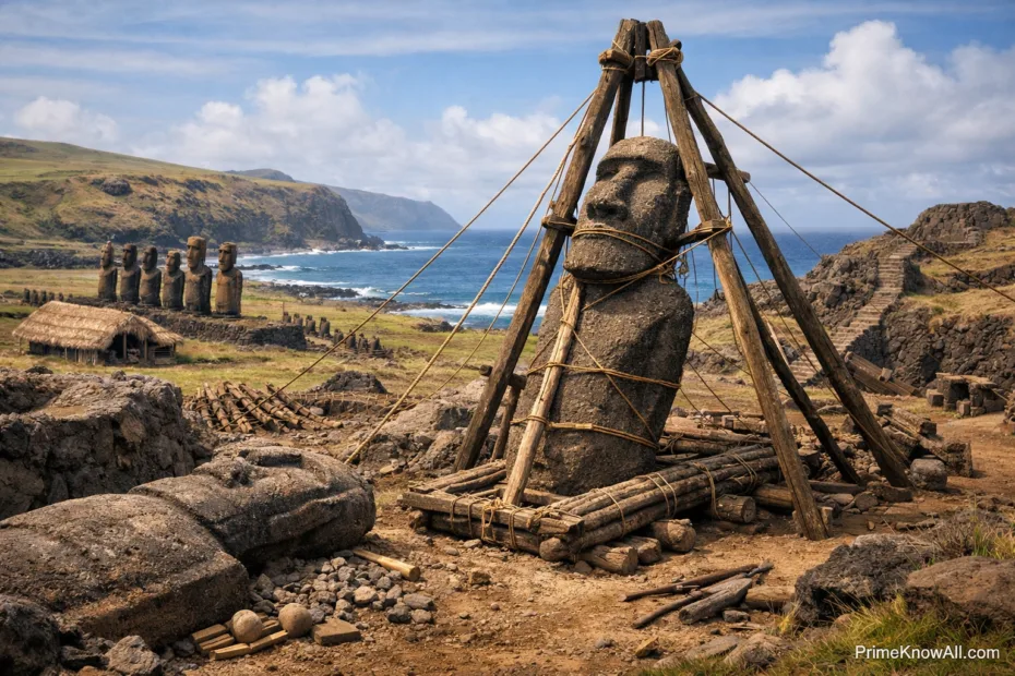 A moai statue under construction with wooden supports and scaffolding on Easter Island.