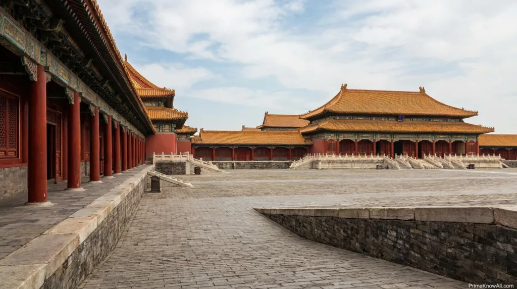 Red-painted palace buildings with ornate roofs within the Forbidden City courtyard.