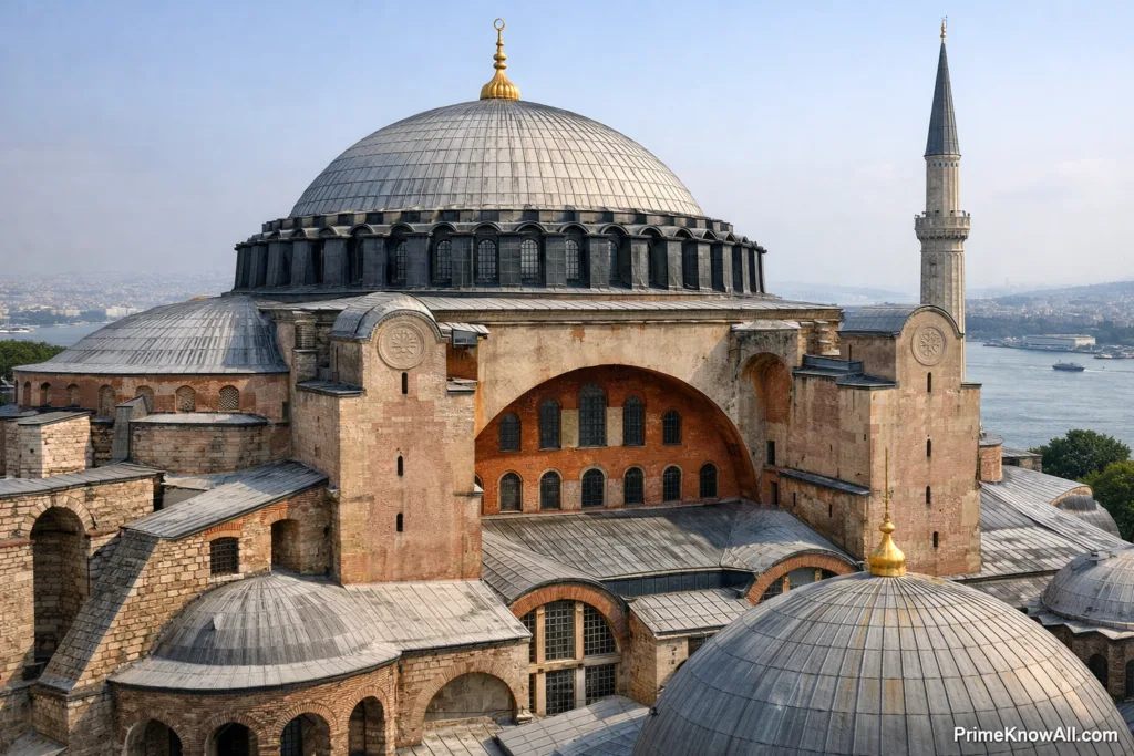 View of Hagia Sophia's massive central dome resting on pendentives over stone arches.