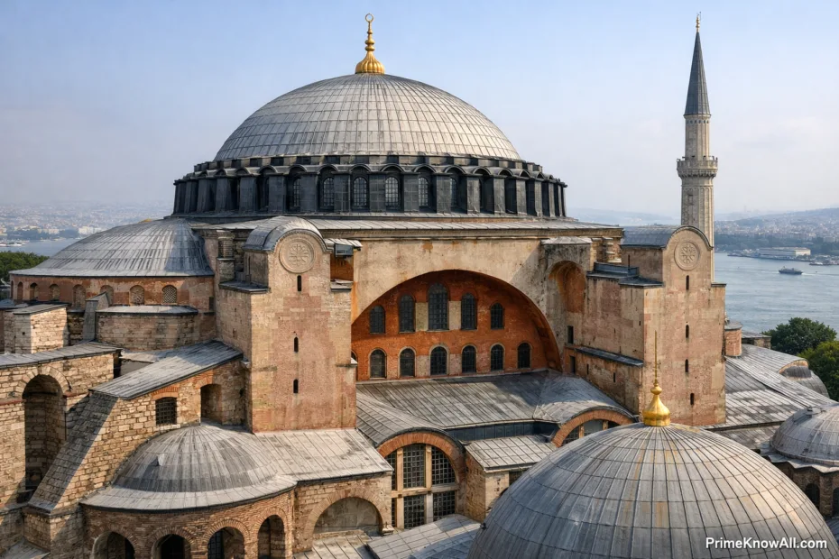 View of Hagia Sophia's massive central dome resting on pendentives over stone arches.