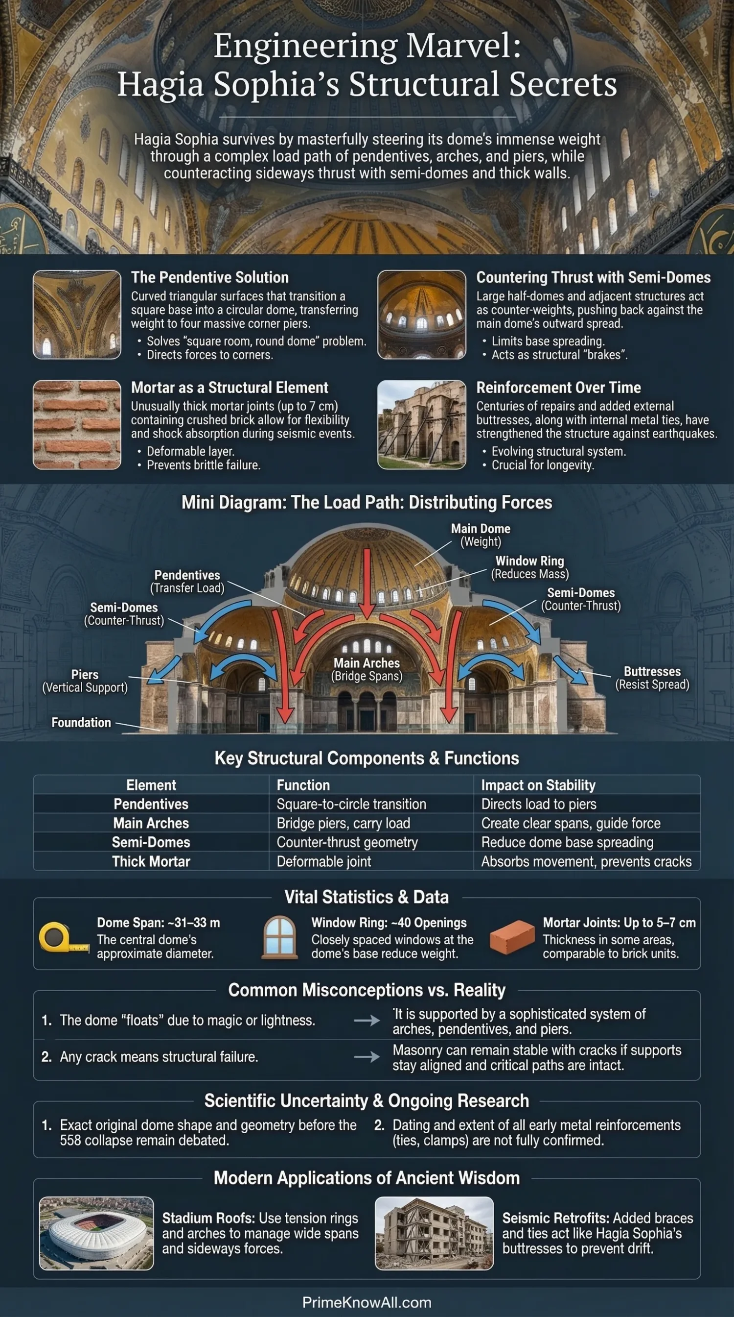 Hagia Sophia's central dome with intricate brickwork and tall arches inside the historic structure.