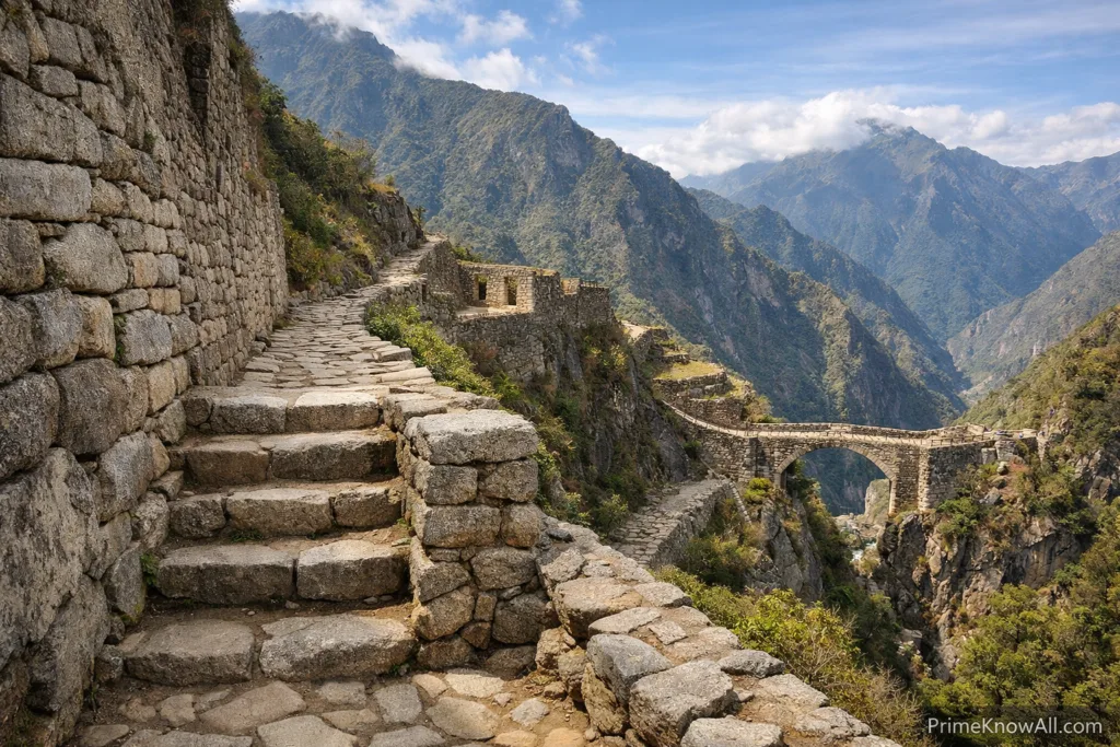 Inca stone steps and mountain trail winding through rugged terrain with peaks in the background.