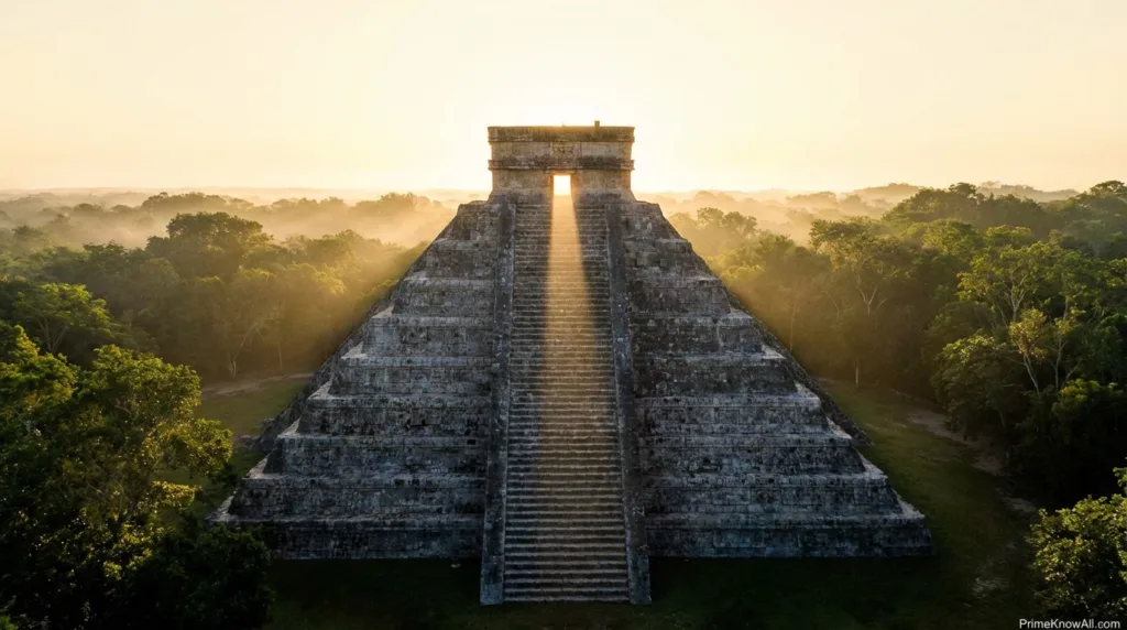 Mayan pyramid with a wide staircase leading to a flat top against a hazy sky backdrop.