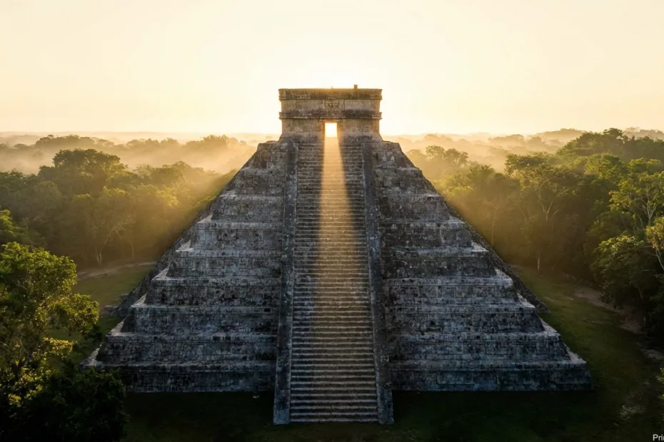 Mayan pyramid with a wide staircase leading to a flat top against a hazy sky backdrop.