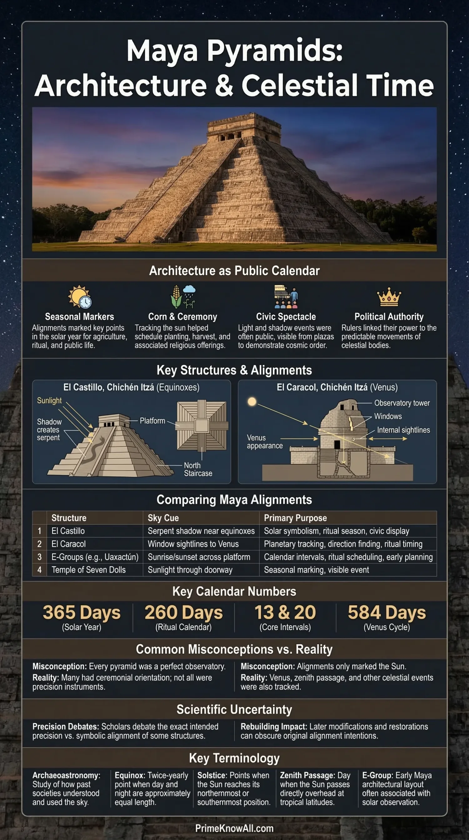 Mayan pyramid with stepped stone layers and an adjacent star map showing celestial alignments.