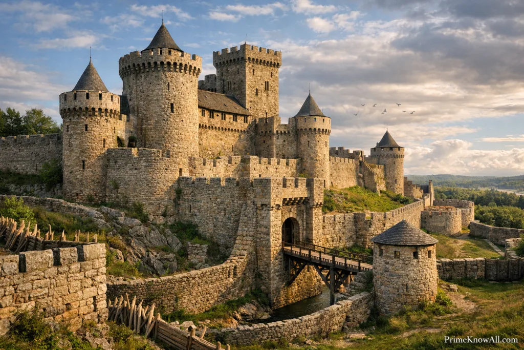 Medieval castle with tall stone towers and crenellated walls under a cloudy sky.