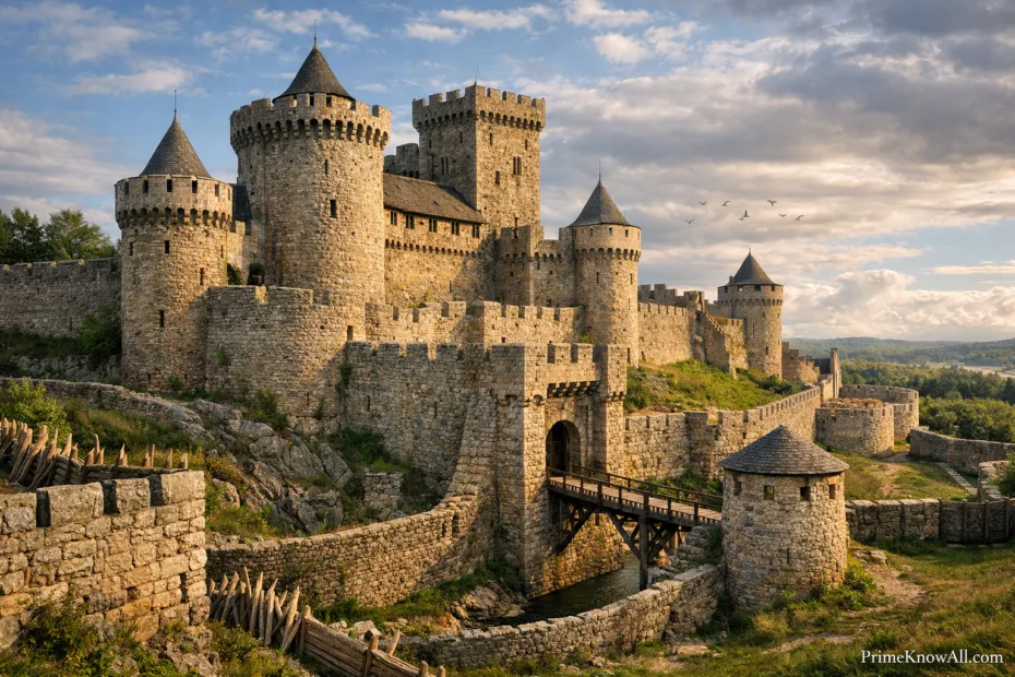 Medieval castle with tall stone towers and crenellated walls under a cloudy sky.