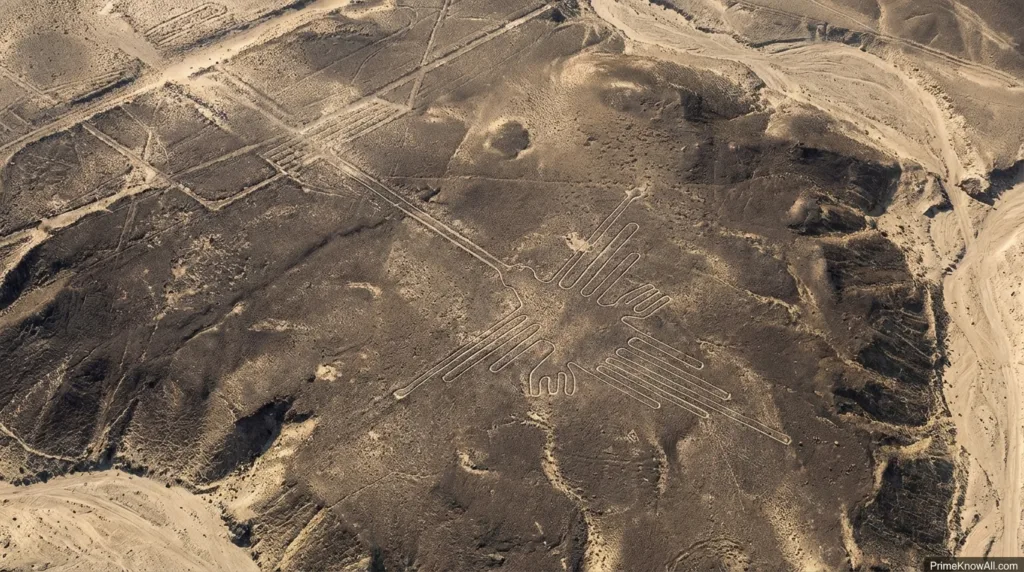 Nazca Lines depict large geometric shapes and animal figures etched into desert ground