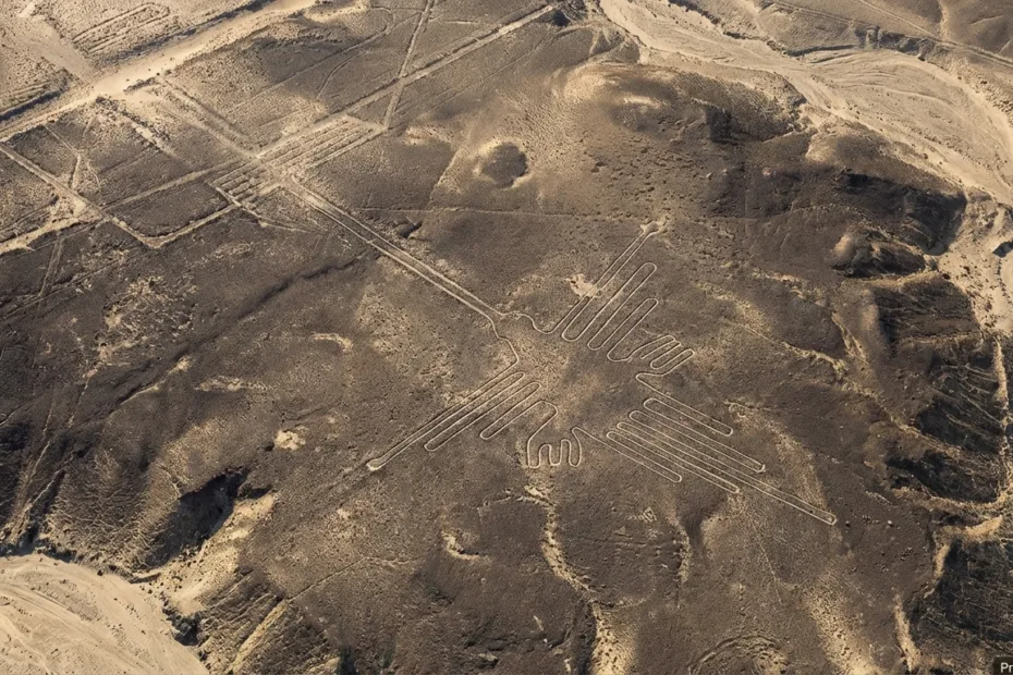 Nazca Lines depict large geometric shapes and animal figures etched into desert ground