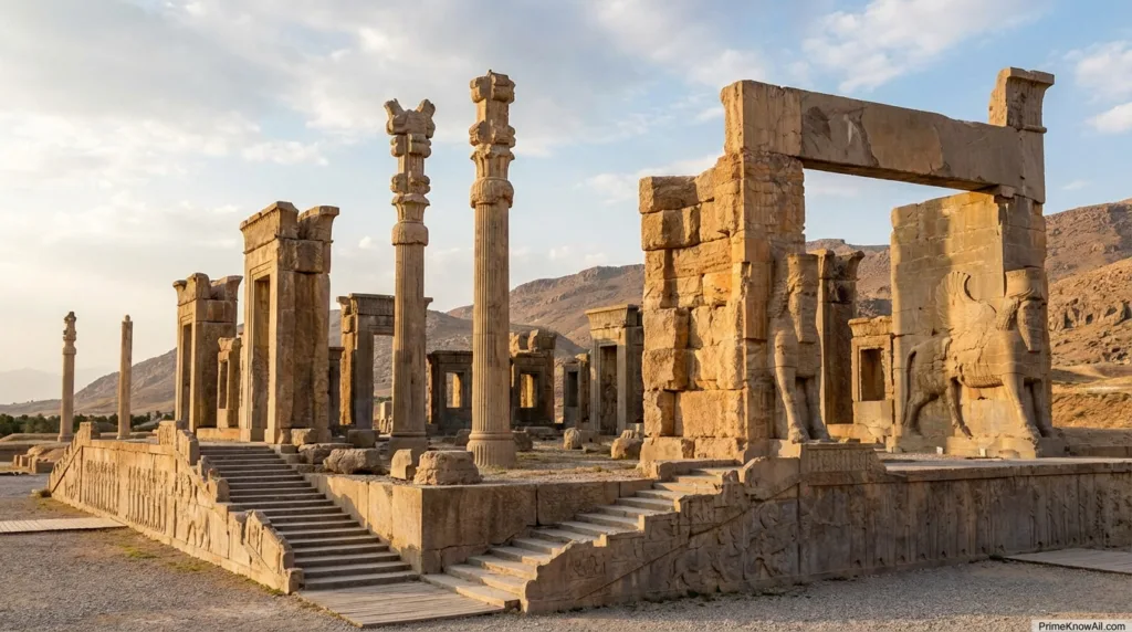 Persepolis ruins show tall stone columns and grand stone stairs under a clear sky.