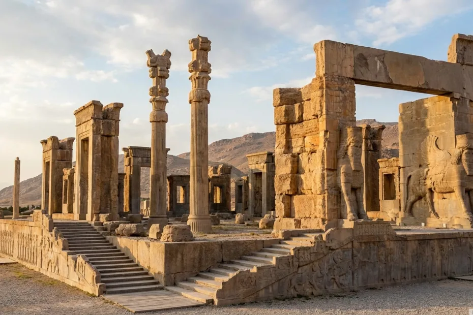 Persepolis ruins show tall stone columns and grand stone stairs under a clear sky.