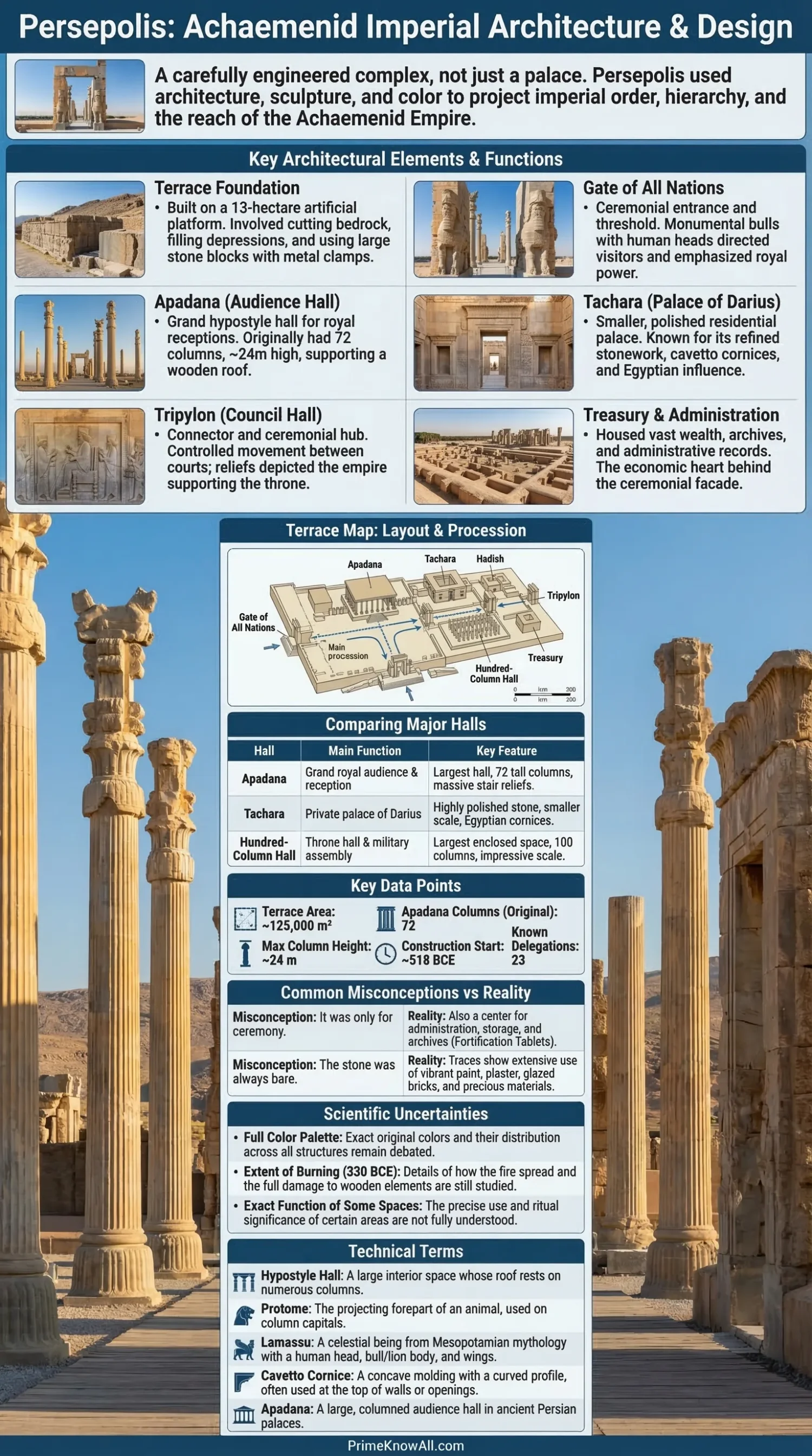 Persepolis ruins feature tall columns and intricate stone carvings showing Persian Empire architecture.