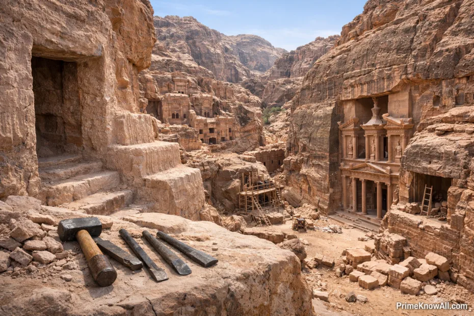 Ancient rock-cut steps lead through the cliffs of Petra with carved facades visible in the background.