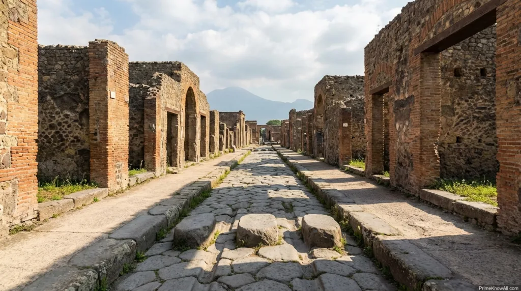 Ruined stone-paved street with weathered brick walls on either side in Pompeii city layout.