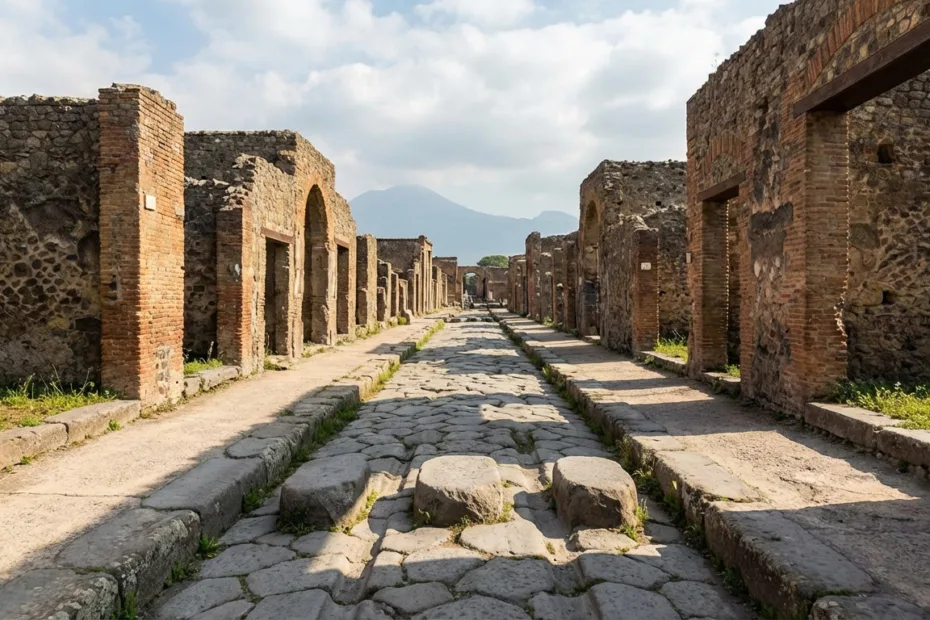 Ruined stone-paved street with weathered brick walls on either side in Pompeii city layout.
