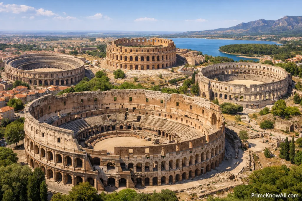 Roman amphitheater with multiple arches and stone walls near a body of water.