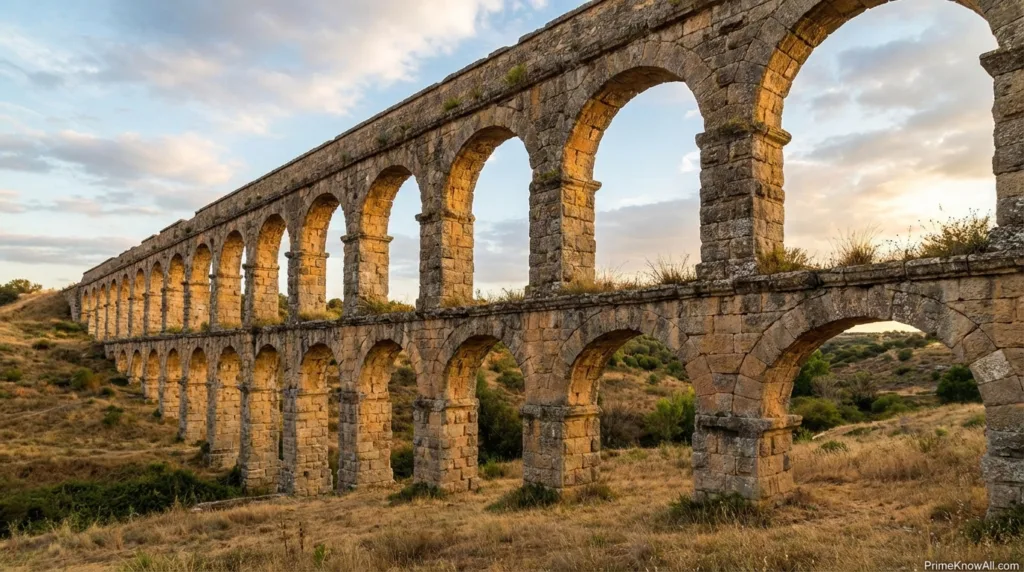 Roman aqueduct with a series of stone arches stretching across a landscape under a blue sky.