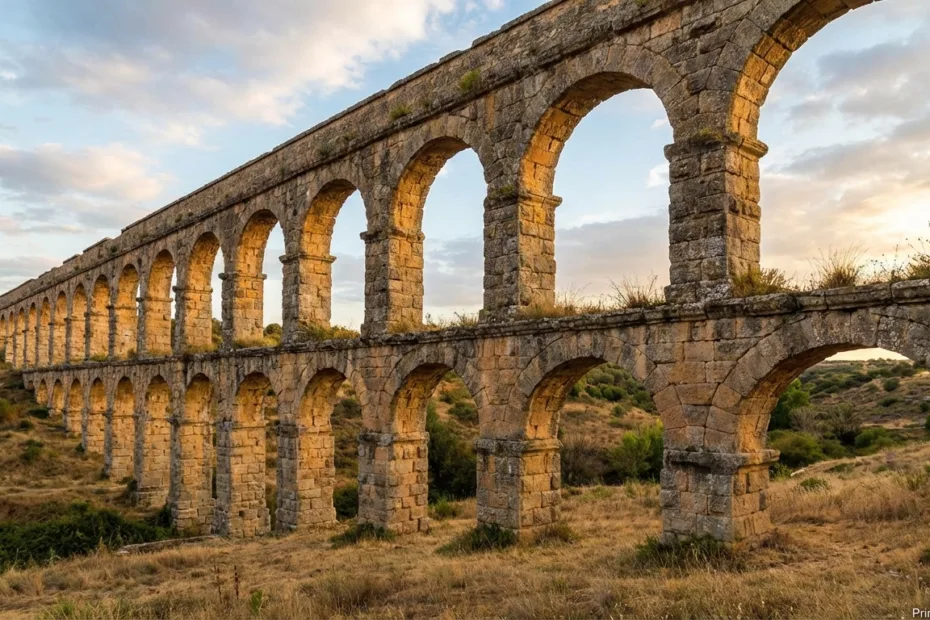 Roman aqueduct with a series of stone arches stretching across a landscape under a blue sky.