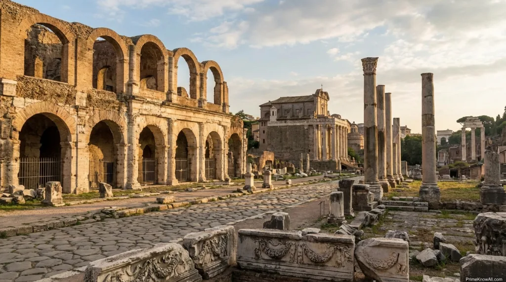 Ancient Roman forum with stone arches and columns showing ruins of civic architecture.