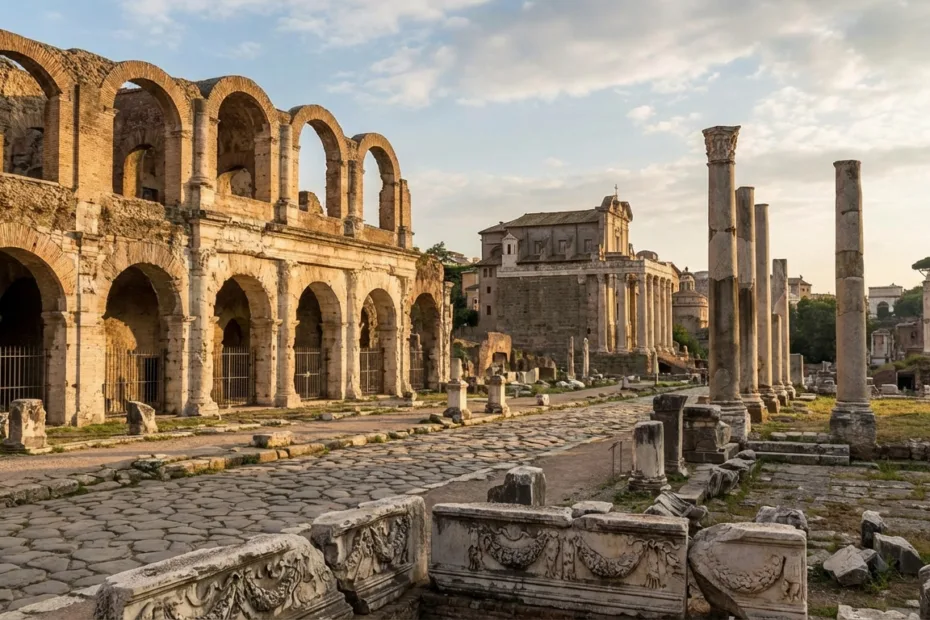 Ancient Roman forum with stone arches and columns showing ruins of civic architecture.
