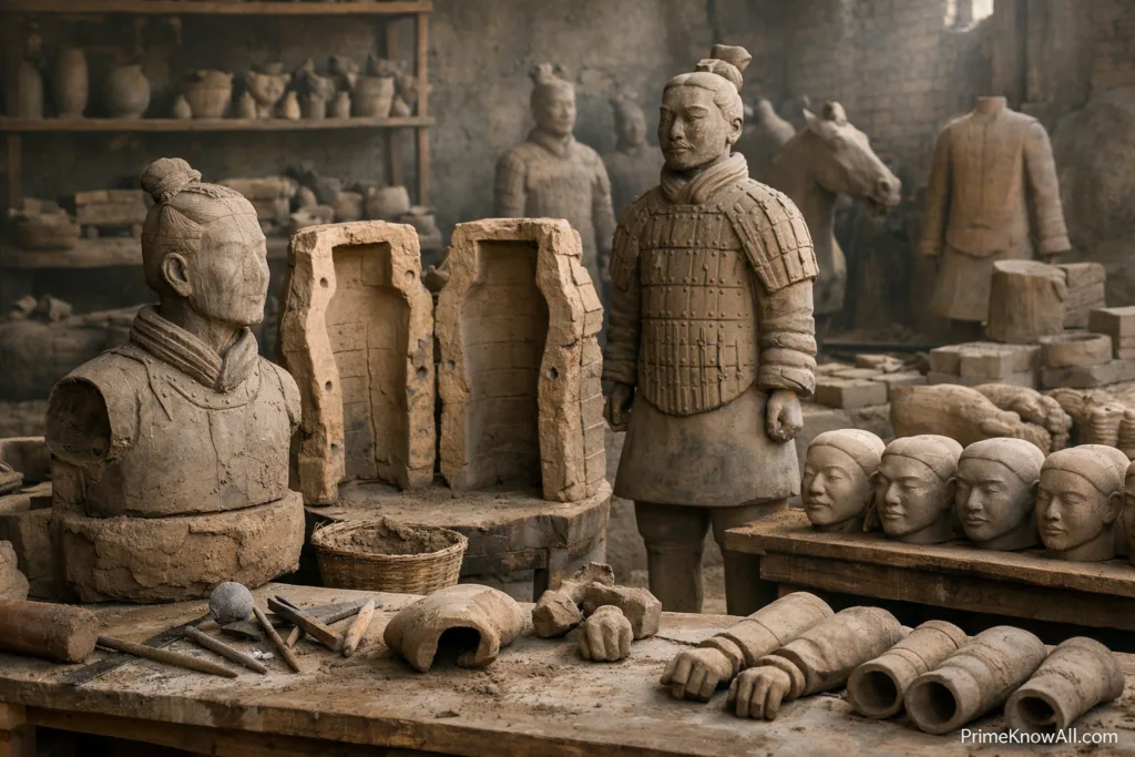 Clay soldiers and terracotta warrior busts laid out on a table in a workshop.