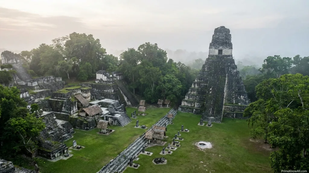 Tikal's ancient stone pyramid rises amidst lush greenery and scattered ruins in this aerial view.