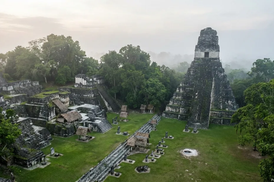 Tikal's ancient stone pyramid rises amidst lush greenery and scattered ruins in this aerial view.