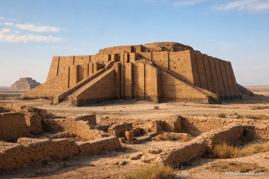 Mesopotamian ziggurat with stepped terraces and staircase leading to the top