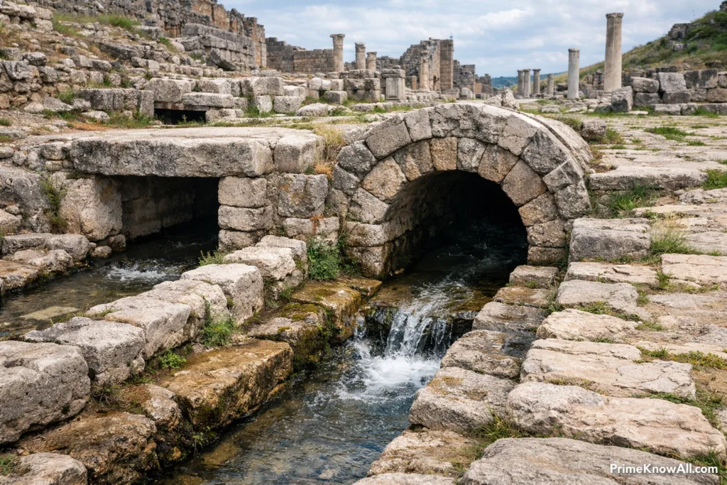 Ancient stone drain pipe with flowing water beneath ruins of an old city