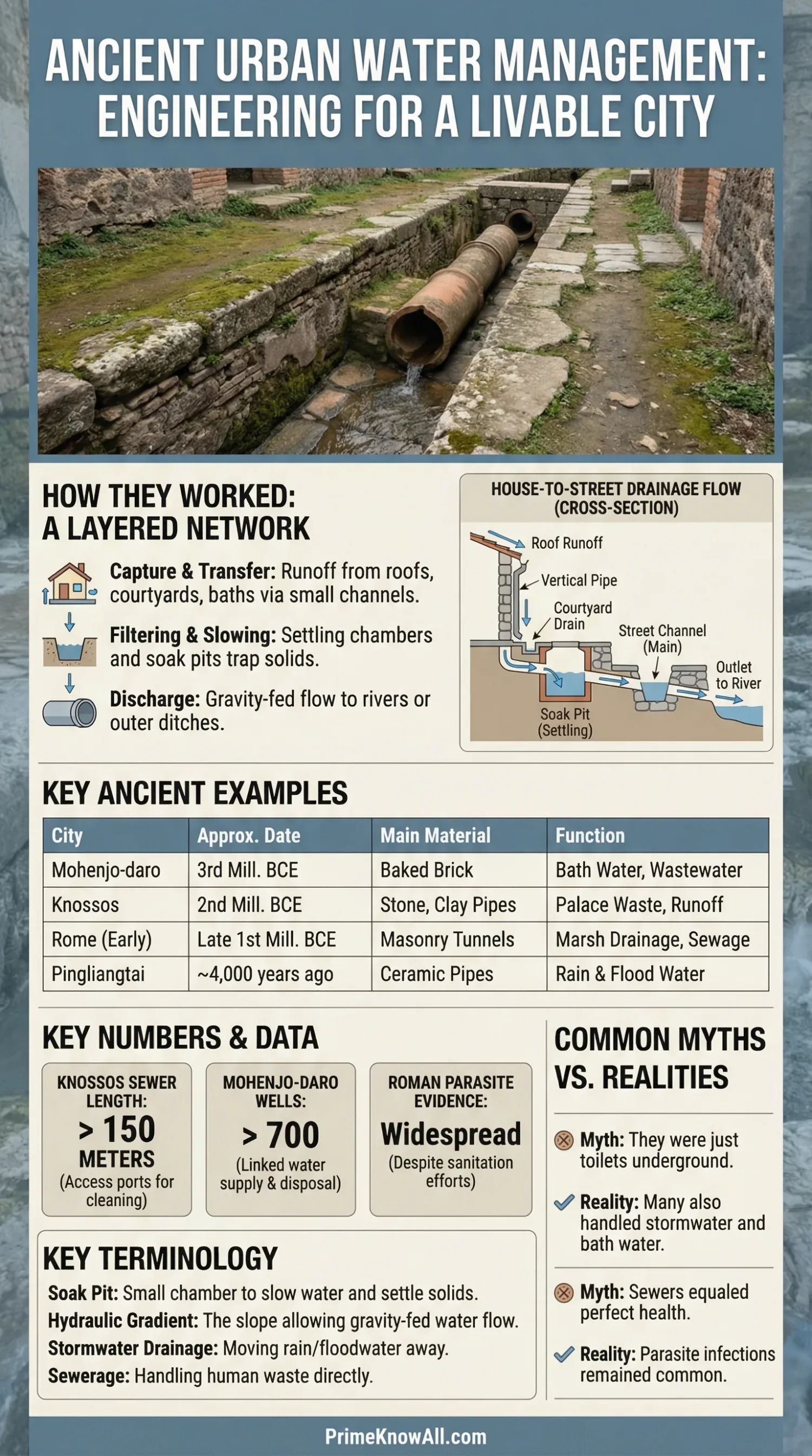 Ancient city drainage system with stone channels and underground tunnels