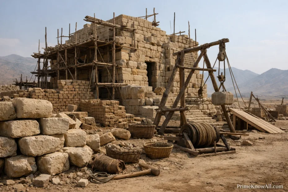 Ancient stone structure with wooden scaffolding supports construction walls and archways.