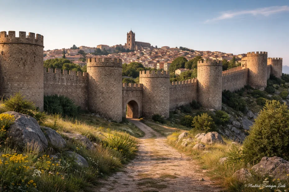 Ancient stone city walls with a gate and a surrounding dirt road in front.