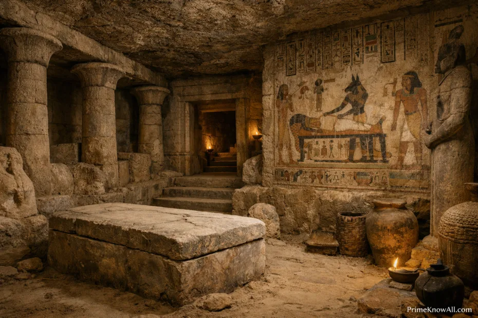 Ancient Egyptian tomb interior with stone sarcophagus and hieroglyphic carvings on the walls.