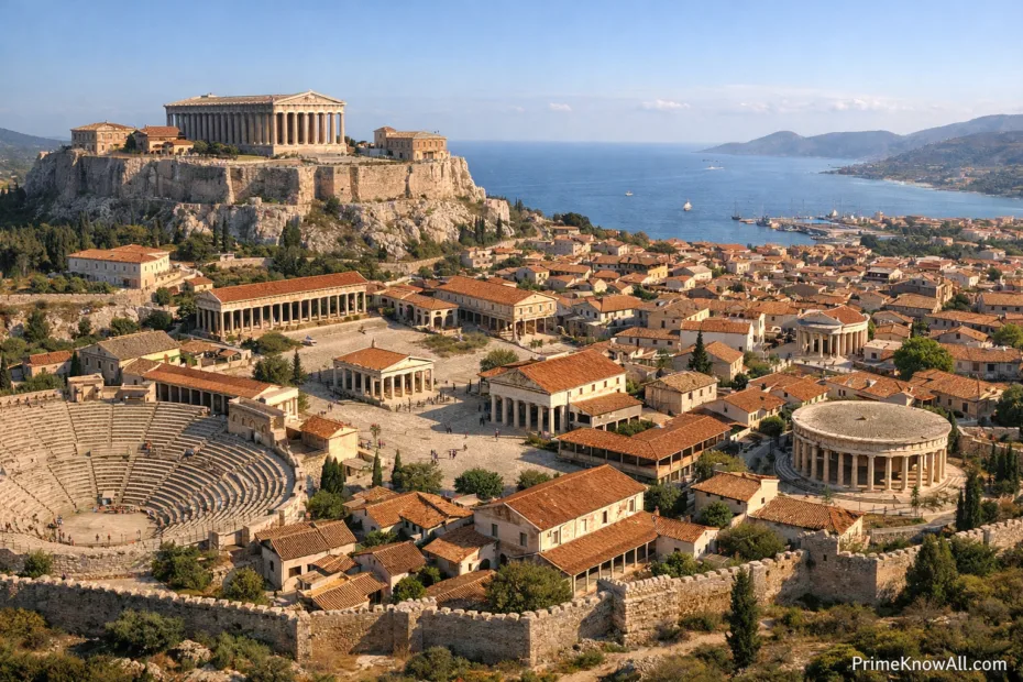 Ancient Greek city with a central agora surrounded by red-tiled roofs and stone buildings on a hillside.