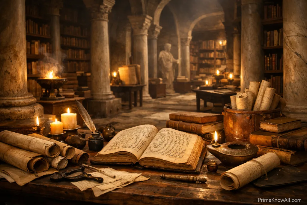 Ancient stone walls and an open book on a wooden table in a dimly lit library setting.